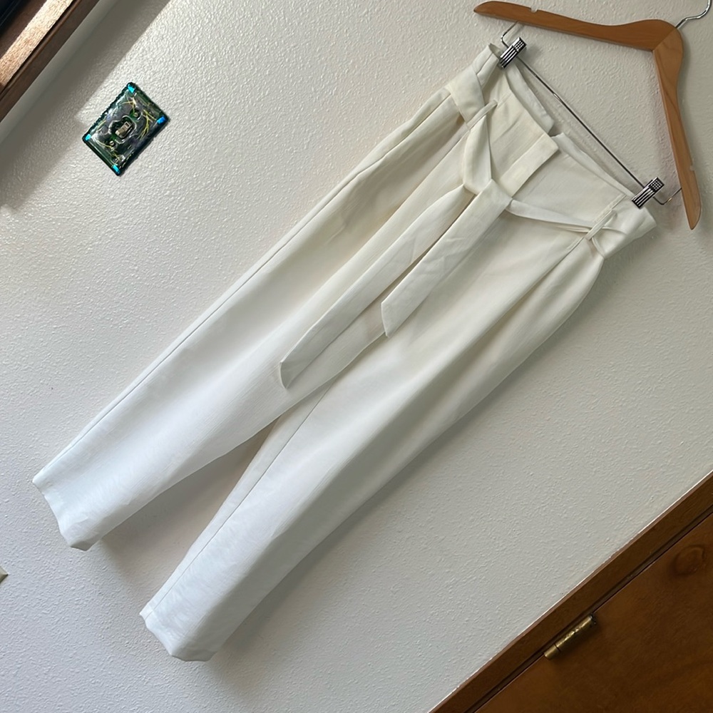 FRNCH White Classic Old Money Hi-Tie-Waist with Pleat Pants Large